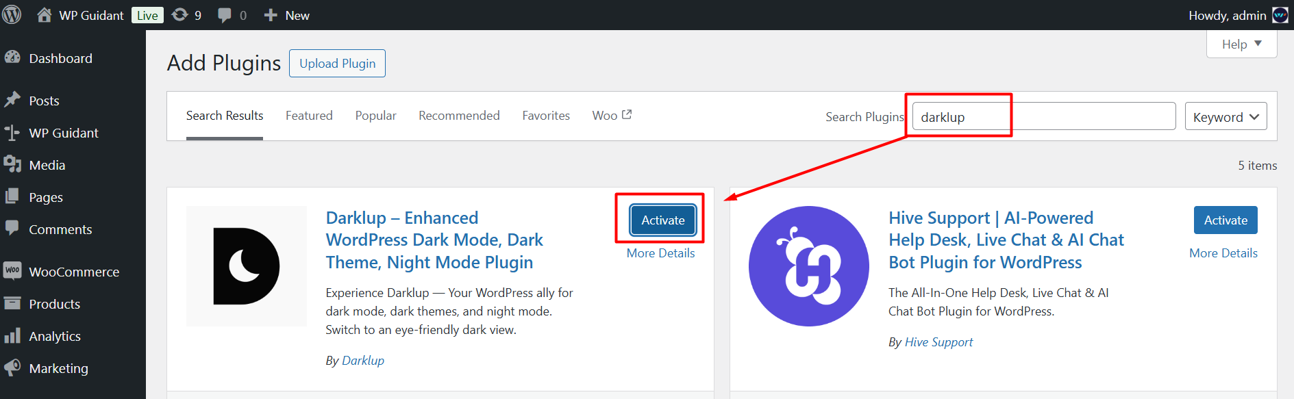 Activating Darklup plugin after installation
