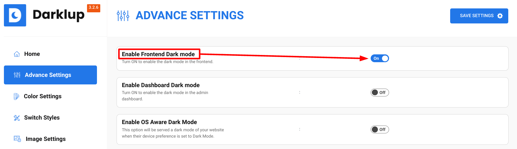 Turning on the enable frontend dark mode option in Darklup